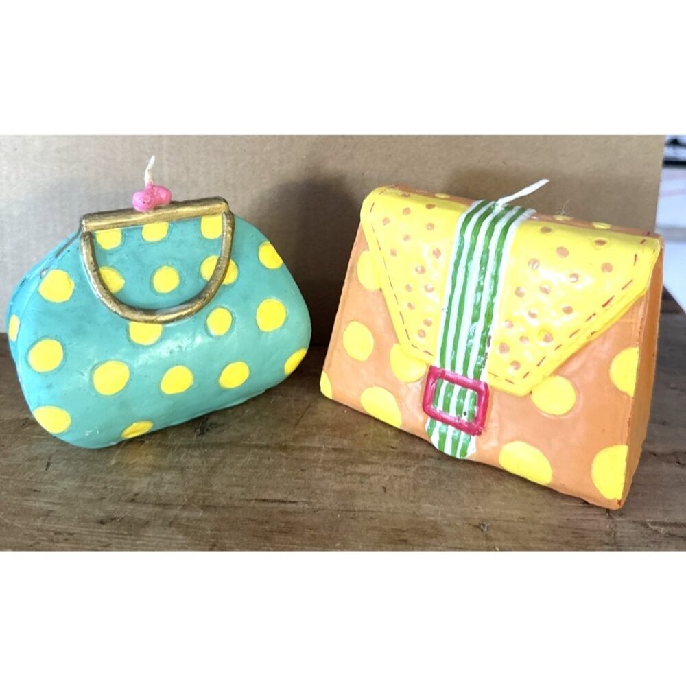Set Of 3 Vintage Miniature Purse Candles Aqua Orange polka dots Stripes Unique